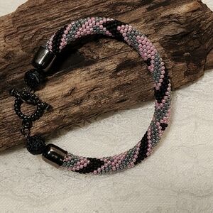 Vintage Pink, Black and Gray Seed Bead Bracelet